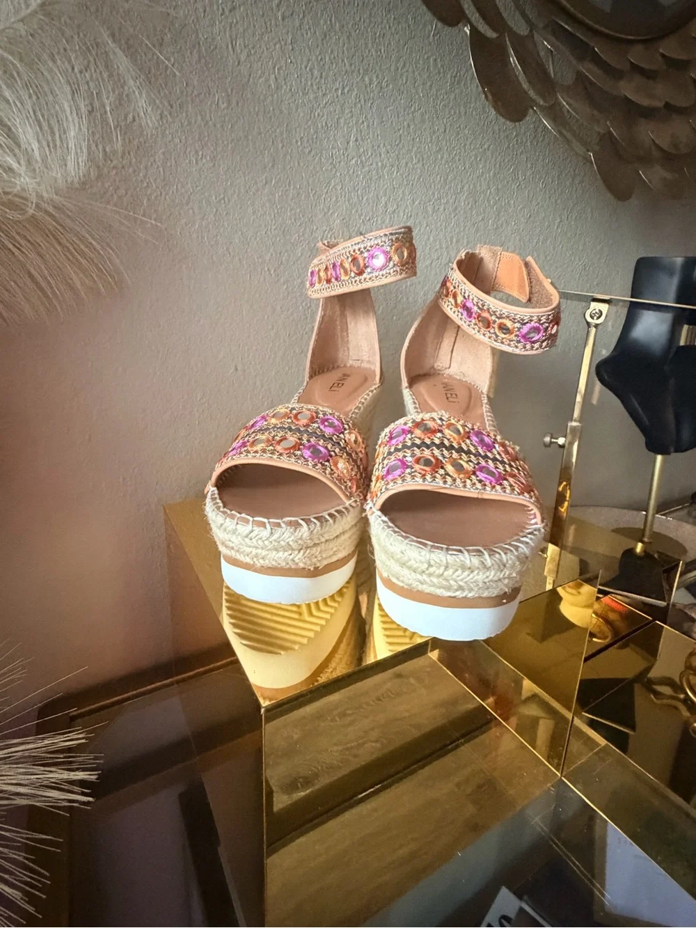Van Eli Embellished Espadrille Wedge Sandals Ankle Strap Size 6.5M